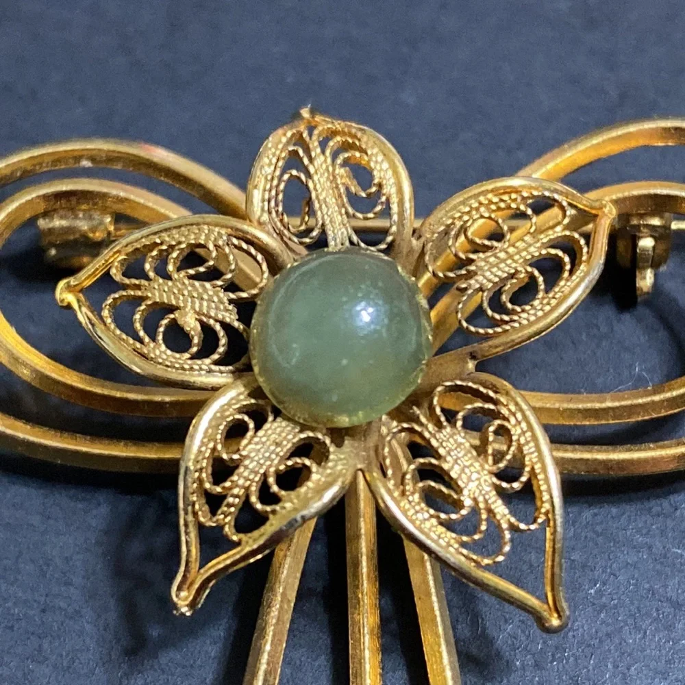 🖤Vtg💕Jade flower ribbon brooch - Picture 2 of 11